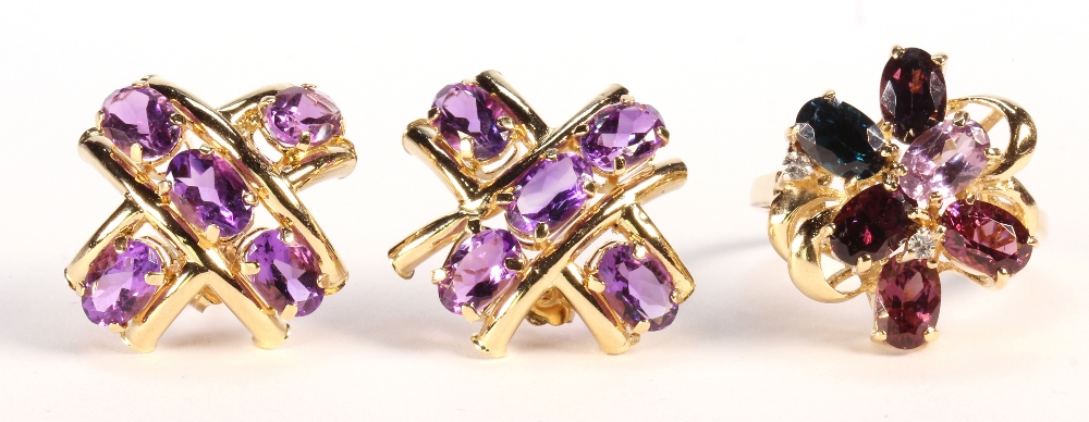 (Lot of 3) Multi-stone, diamond and yellow gold jewelry including one pair of amethyst, 10k yellow - Image 4 of 5