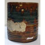 Japanese ceramic Oribe hibachi, slightly oblong shaped with brown rim, creamy chrysanthemums on dark