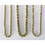 (Lot of 3) Yellow gold rope link neck chains comprised of one 4.4 mm, 14k yellow gold, 28 inch