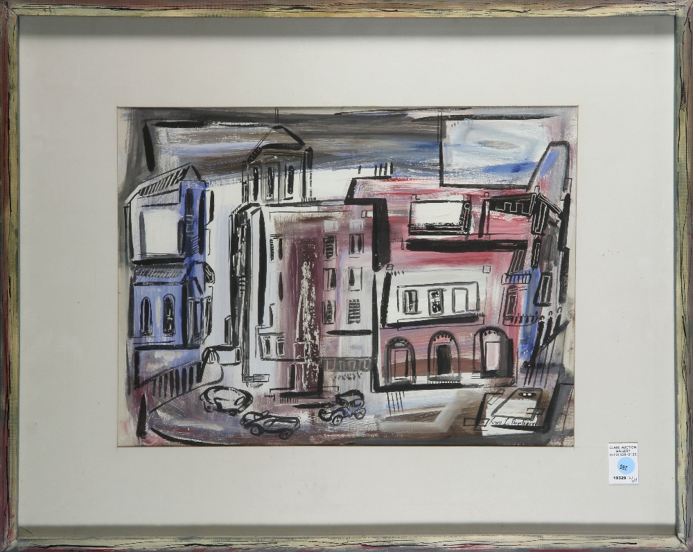 City Street Scene with Cars, watercolor and gouache, signed "Louis La Barbery" lower right, 20th