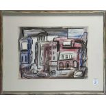 City Street Scene with Cars, watercolor and gouache, signed "Louis La Barbery" lower right, 20th