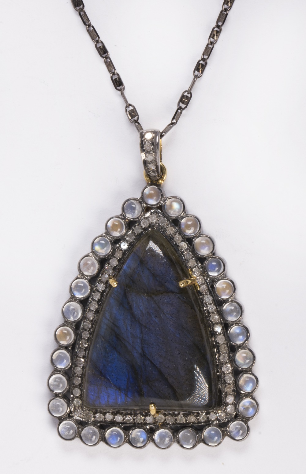 Labradorite, moonstone, diamond and blackened sterling silver pendant-necklace featuring (1)