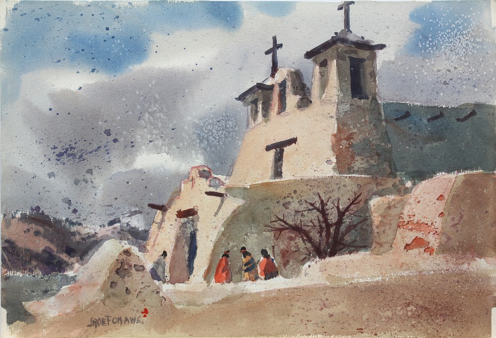 Jade Fon (American, 1911-1983), Mission Scene with Flowers, watercolor, signed lower left, sheet (