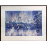 Lou Roman (American, 20th century), "City Lights (Lake Calhoun)," 1991, offset print, signed,