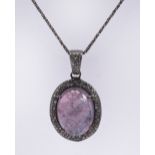 Pink tourmaline, diamond and sterling silver pendant-necklace centering (1) oval rose cut pink