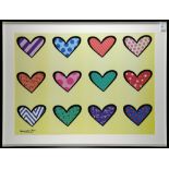 After Romero Britto (Brazilian/American, 1963), Hearts in a Row, offset print, signed in plate lower