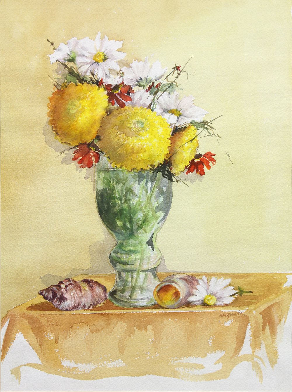 (lot of 2) Nancy Martin (American, 1906-2000), Still Life with Daisies in a Copper Pot & Yellow