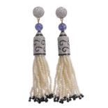 Pair of tanzanite, diamond, seed pearl, enamel and 14k white gold tassel earrings designed as