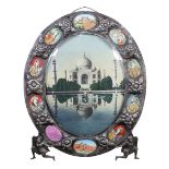 Indian silver Damascened framed image depicting the Taj Mahal, late 19th Century, the oval