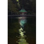 Kevin Courter (American, b. 1964), "Conservatory Water Boathouse," 2010, oil on board, signed