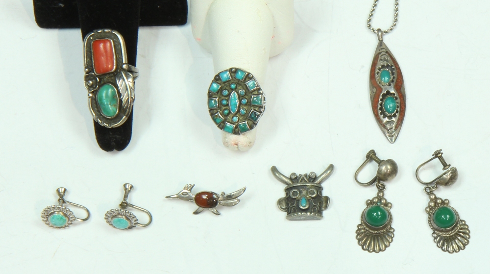 (Lot of 15) Native American multi-stone and silver jewelry comprised of (2) inlaid turquoise and