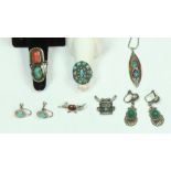 (Lot of 15) Native American multi-stone and silver jewelry comprised of (2) inlaid turquoise and