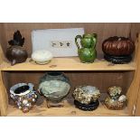 (lot of 11) Two shelves of decorative art, including Japanese ceramics in the form of vegetables and