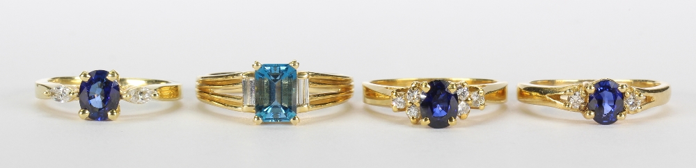 (Lot of 4) Multi-stone, diamond and yellow gold rings including one oval cut sapphire weighing