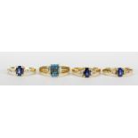 (Lot of 4) Multi-stone, diamond and yellow gold rings including one oval cut sapphire weighing