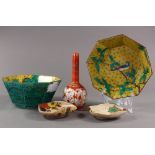 (lot of 5) Japanese Kutani ware: two octagonal bowls with a bird/vine pattern and one stick neck