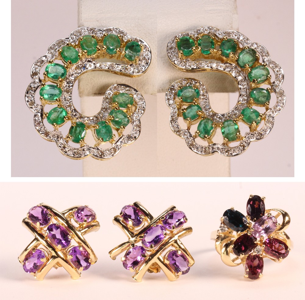 (Lot of 3) Multi-stone, diamond and yellow gold jewelry including one pair of amethyst, 10k yellow