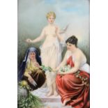 Framed Continental hand painted porcelain plaque, after Thumann, titled "The Three Fates", depicting