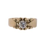 Diamond and 14k yellow gold ring featuring (1) round brilliant cut diamond weighing approximately