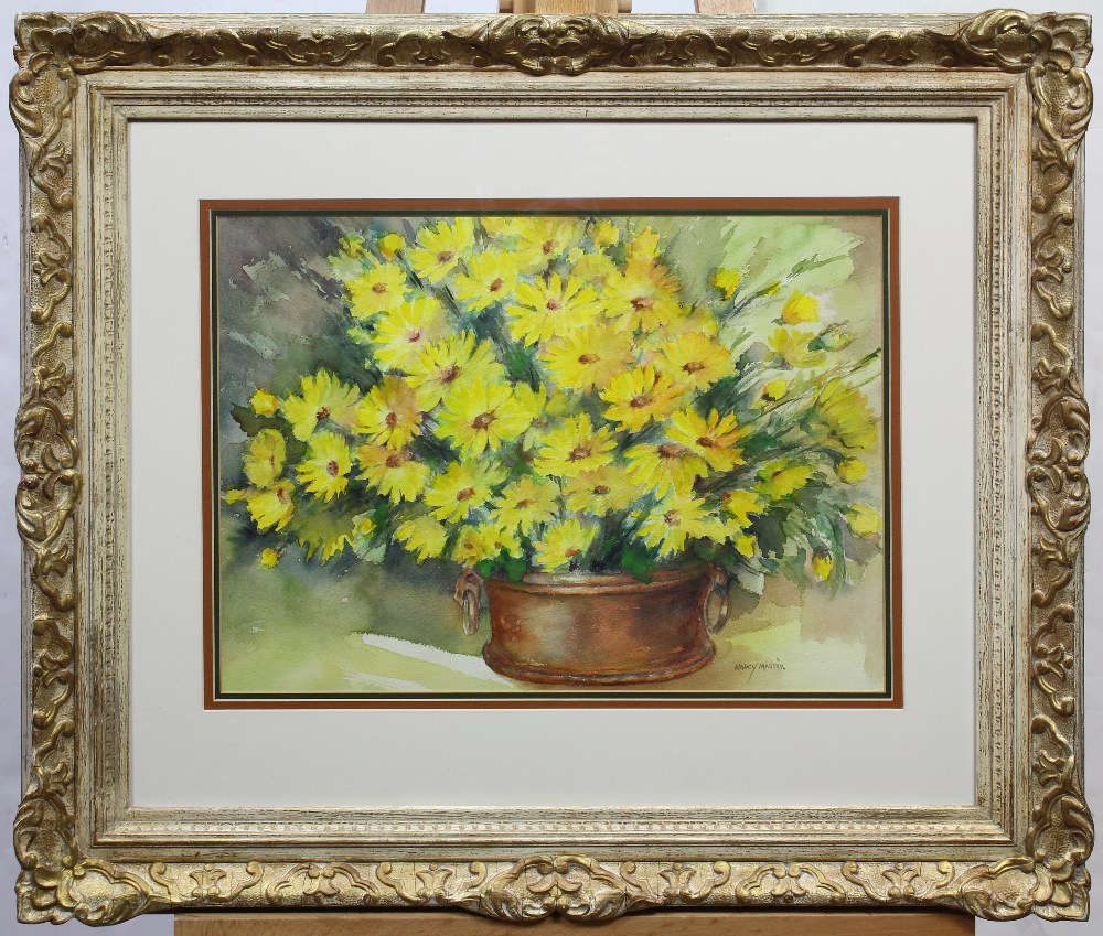 (lot of 2) Nancy Martin (American, 1906-2000), Still Life with Daisies in a Copper Pot & Yellow - Image 5 of 7