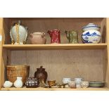 (lot of 19) Two shelves of Asian miscellaneous decorative items, including tea pots, cups, ceramic