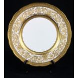 (lot of 32) Continental porcelain and gilt plates including English Cresent gilt chargers, the rim