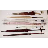 (lot of 7) Parasol group, havig porcelain, crysal, lucite, and wood handles, some with decorative