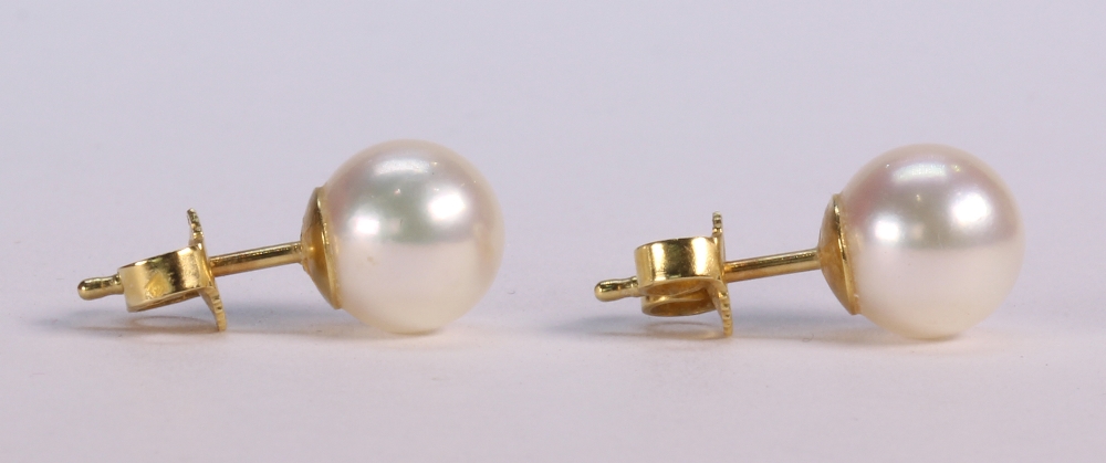 Pair of Mikimoto cultured pearl and 18k yellow gold earrings featuring (2) cultured pearls measuring - Image 3 of 3