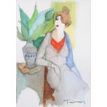 Itzchak Tarkay (Israeli, 1935-2012), Untitled (Woman Seated by a Vase with Plant), watercolor and