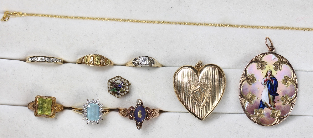 (Lot of 10) Multi-stone, diamond, enamel and yellow gold jewelry including one 14k yellow gold heart