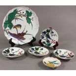 (lot of 6) Japanese Ko Kutani, Edo period, one plate and four dishes with bird and flowers; one