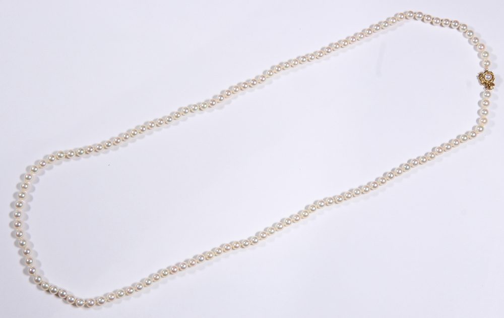 Cultured pearl and 14k yellow gold necklace composed of (122), 6.5 mm cultured pearls, completed