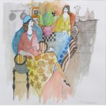 Itzchak Tarkay (Israeli, 1935-2012), Untitled (Two Women Seated at a Table), watercolor and ink on