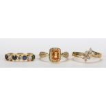 (Lot of 3) Sapphire, diamond and yellow gold rings including one ring, featuring (4) round-cut