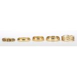 (Lot of 5) Gold band rings comprised of one 18k yellow gold 5.0 mm band ring, size 6; one 14k yellow