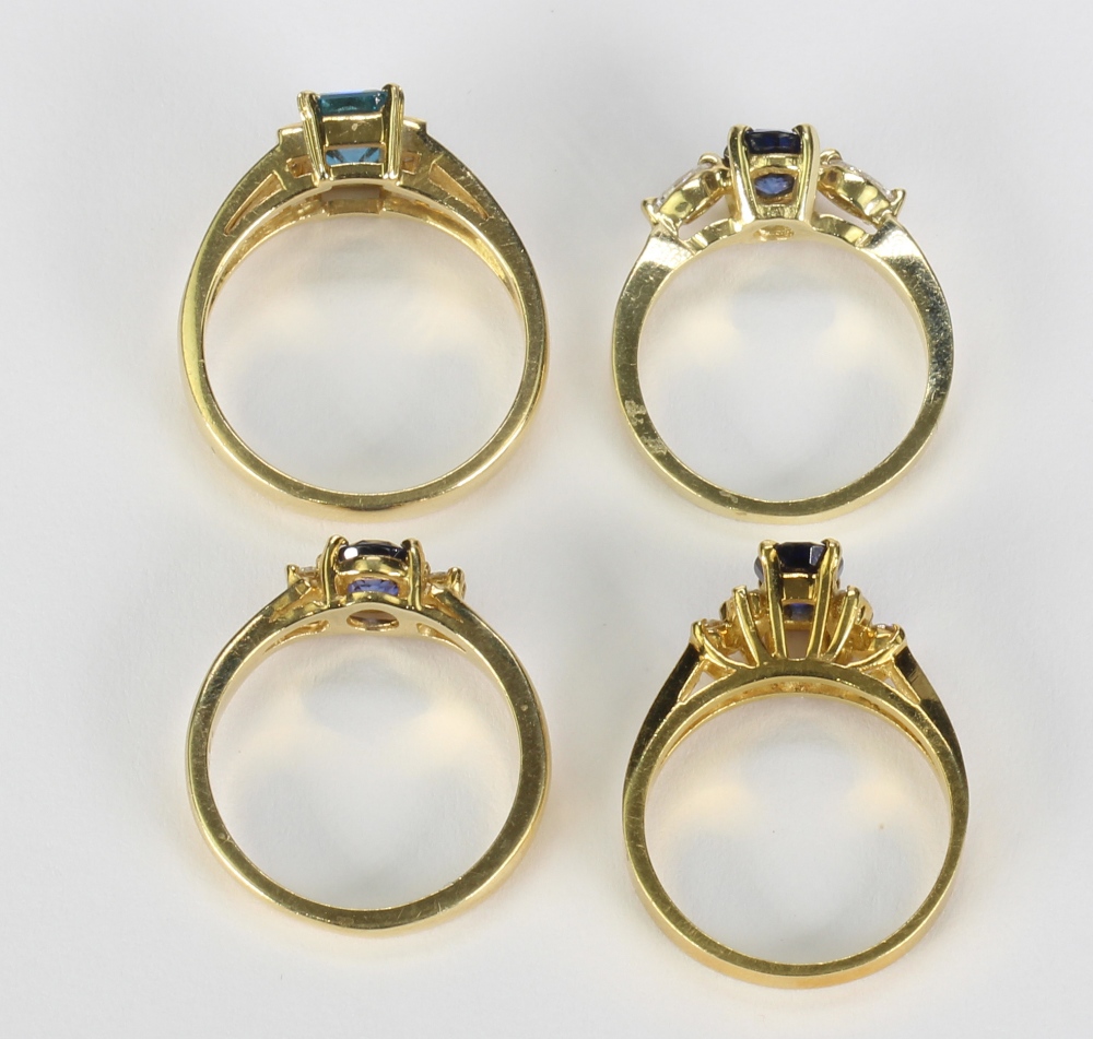 (Lot of 4) Multi-stone, diamond and yellow gold rings including one oval cut sapphire weighing - Image 3 of 3