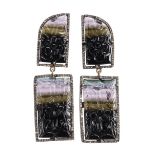 Pair of tourmaline, diamond and sterling silver drop earrings featuring (4) carved tourmaline