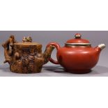 (lot of 2) Chinese zisha ceramic teapots, one with a compressed body, base marked 'Liu Lezi'; the