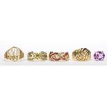 (Lot of 5) Amethyst, ruby, diamond and 14k yellow gold jewelry including one oval amethyst and 14k