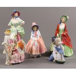 (Lot of 5) Continental porcelain figurines, consisting of Royal Doulton "Lily", "The Paisley Shawl",