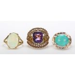 (Lot of 3) Opal, turquoise, amethyst and 14k yellow gold ring comprised of one oval opal and 14k