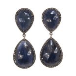 Sapphire, diamond, silver and 18k yellow gold ear pendants featuring (4) pear shaped rose cut blue