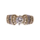 Diamond and 14k yellow gold ring centering (1) round brilliant cut diamond weighing approximately