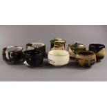 (lot of 8) Japanese ceramic tea bowls for tea ceremony: including two Oribe with lids largest: 6"
