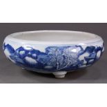 Chinese blue and white porcelain censer, with a landscape to the exterior, body raised on three