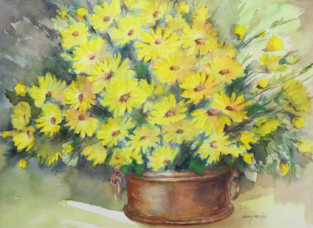 (lot of 2) Nancy Martin (American, 1906-2000), Still Life with Daisies in a Copper Pot & Yellow - Image 4 of 7