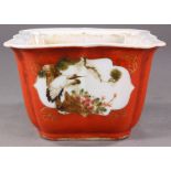 Pair of Chinese lobed square porcelain planters, featuring cranes, pines and floral reserves and