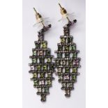 Pair of tourmaline, diamond and sterling silver earrings featuring (50) square-cut tourmalines