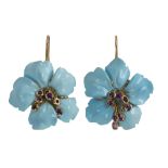 Pair of Christian Dior turquoise, amethyst and 18K yellow gold flower earrings featuring two