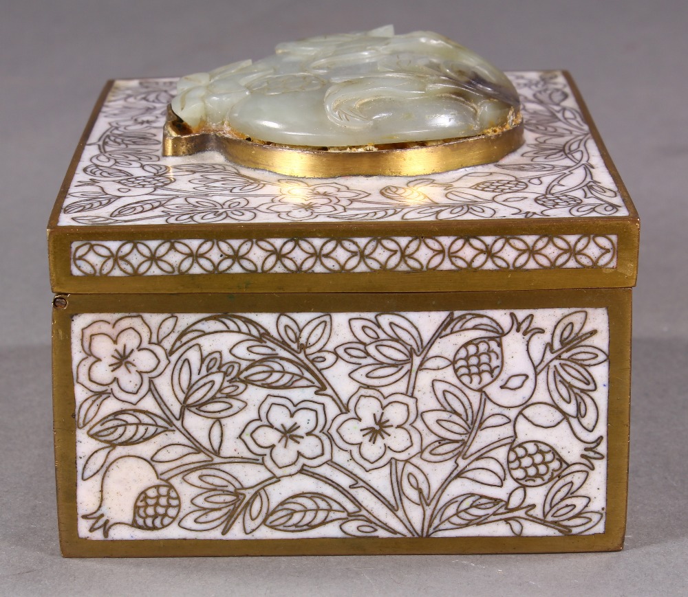 Chinese cloisonne enameled box, the hinged lid with a pomegranate hardstone plaque, the white ground - Image 4 of 6